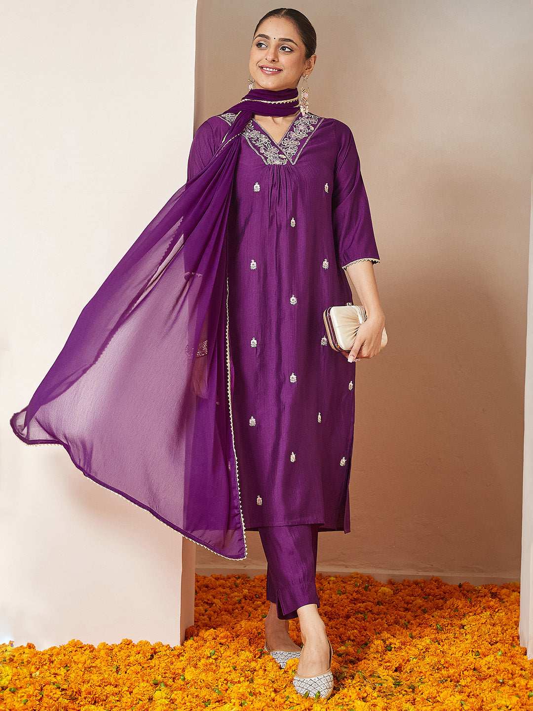 Prisha Purple Silk Blend Embroidered Kurta Set My Store