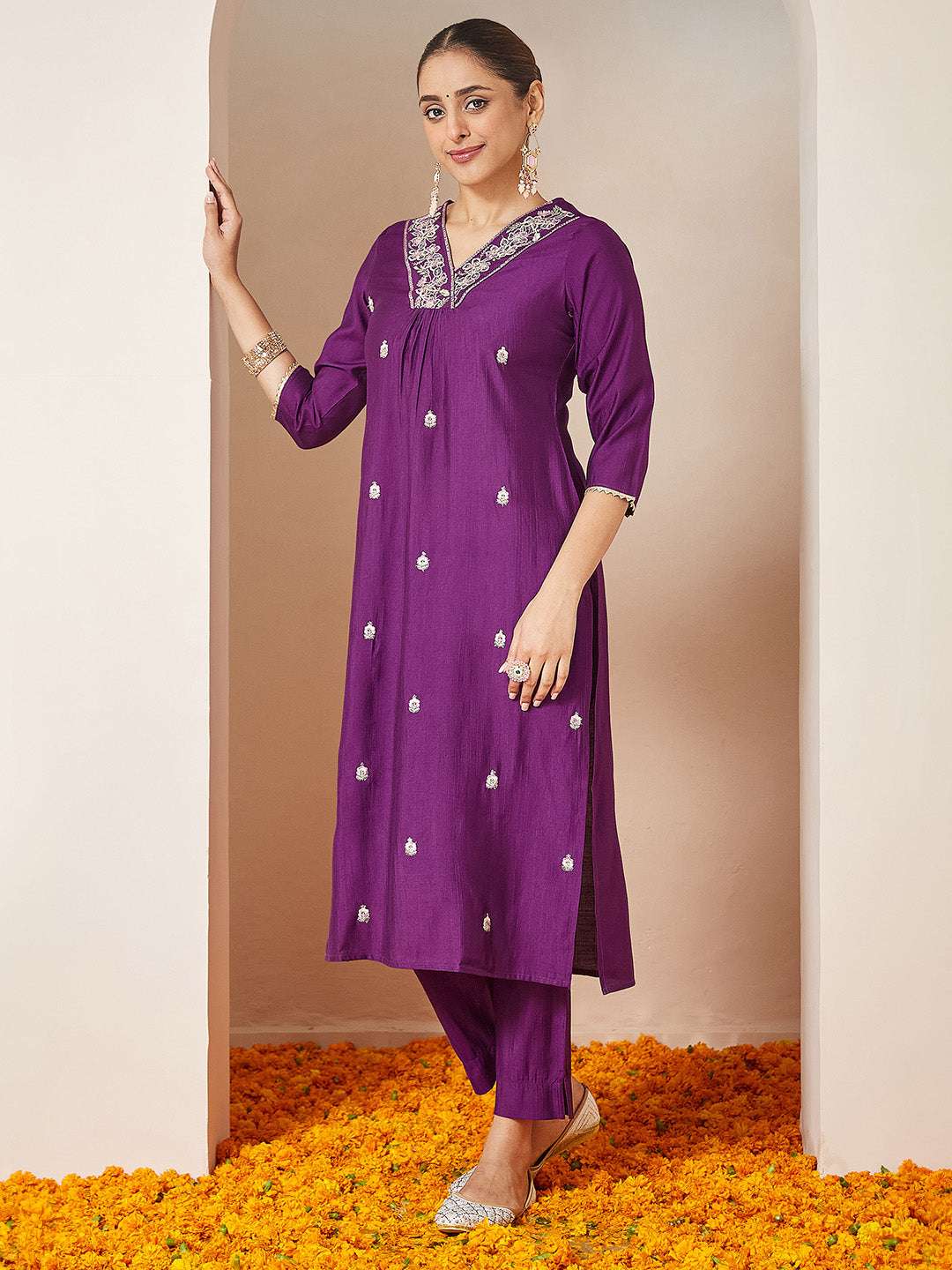 Prisha Purple Silk Blend Embroidered Kurta Set My Store
