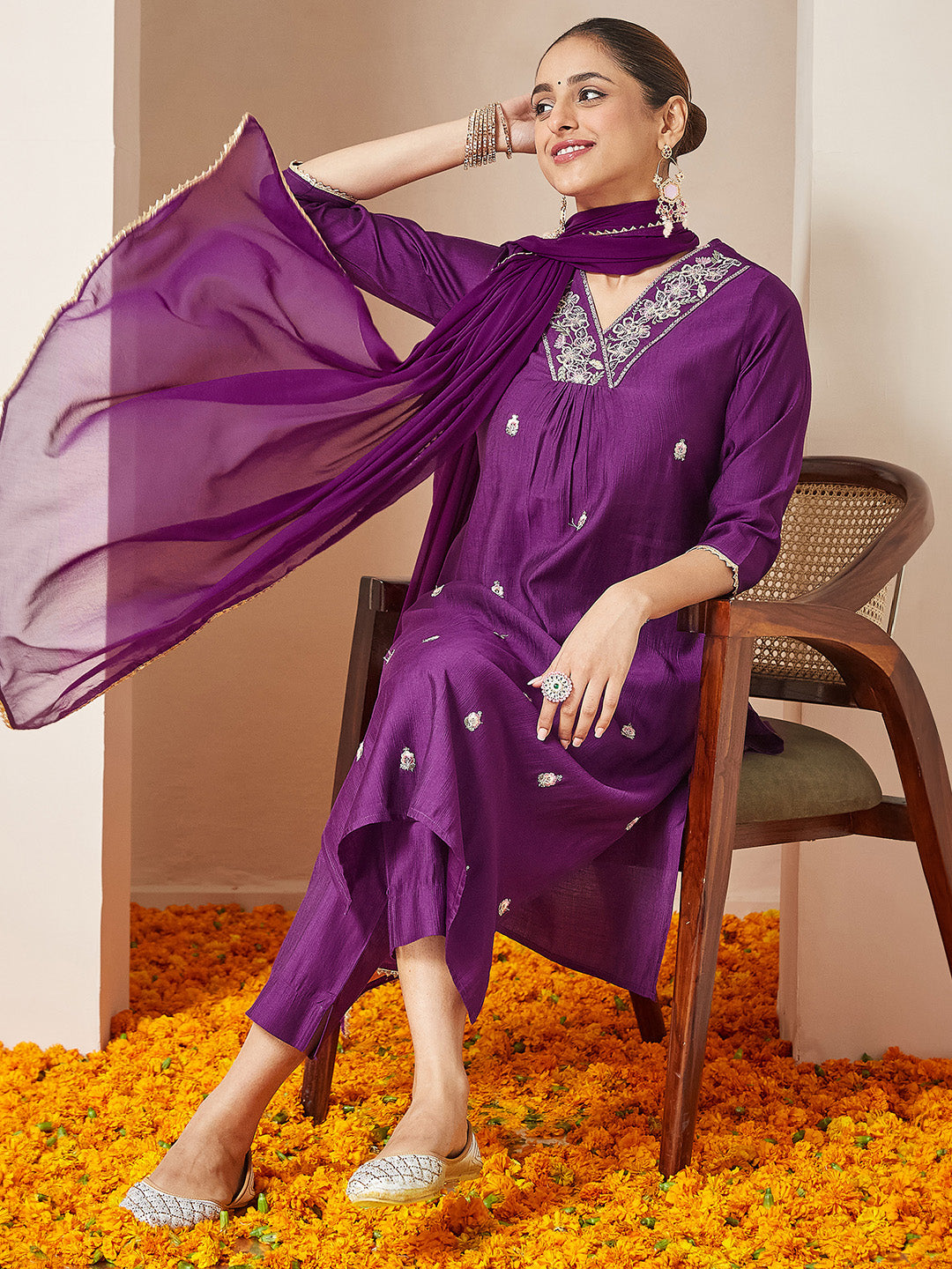 Prisha Purple Silk Blend Embroidered Kurta Set