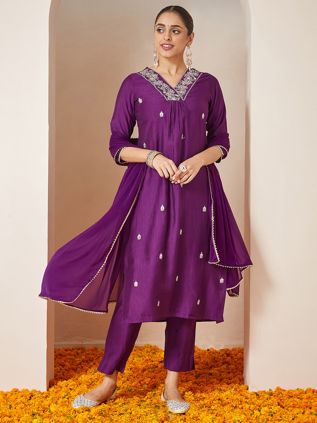 Prisha Purple Silk Blend Embroidered Kurta Set