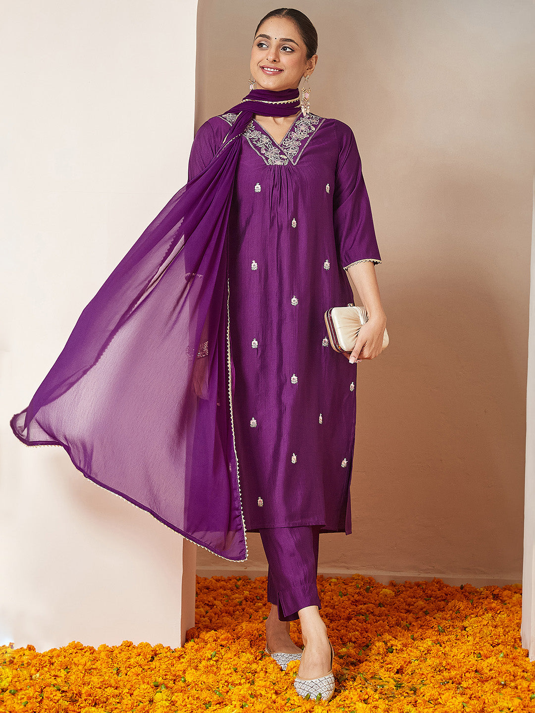 Prisha Purple Silk Blend Embroidered Kurta Set