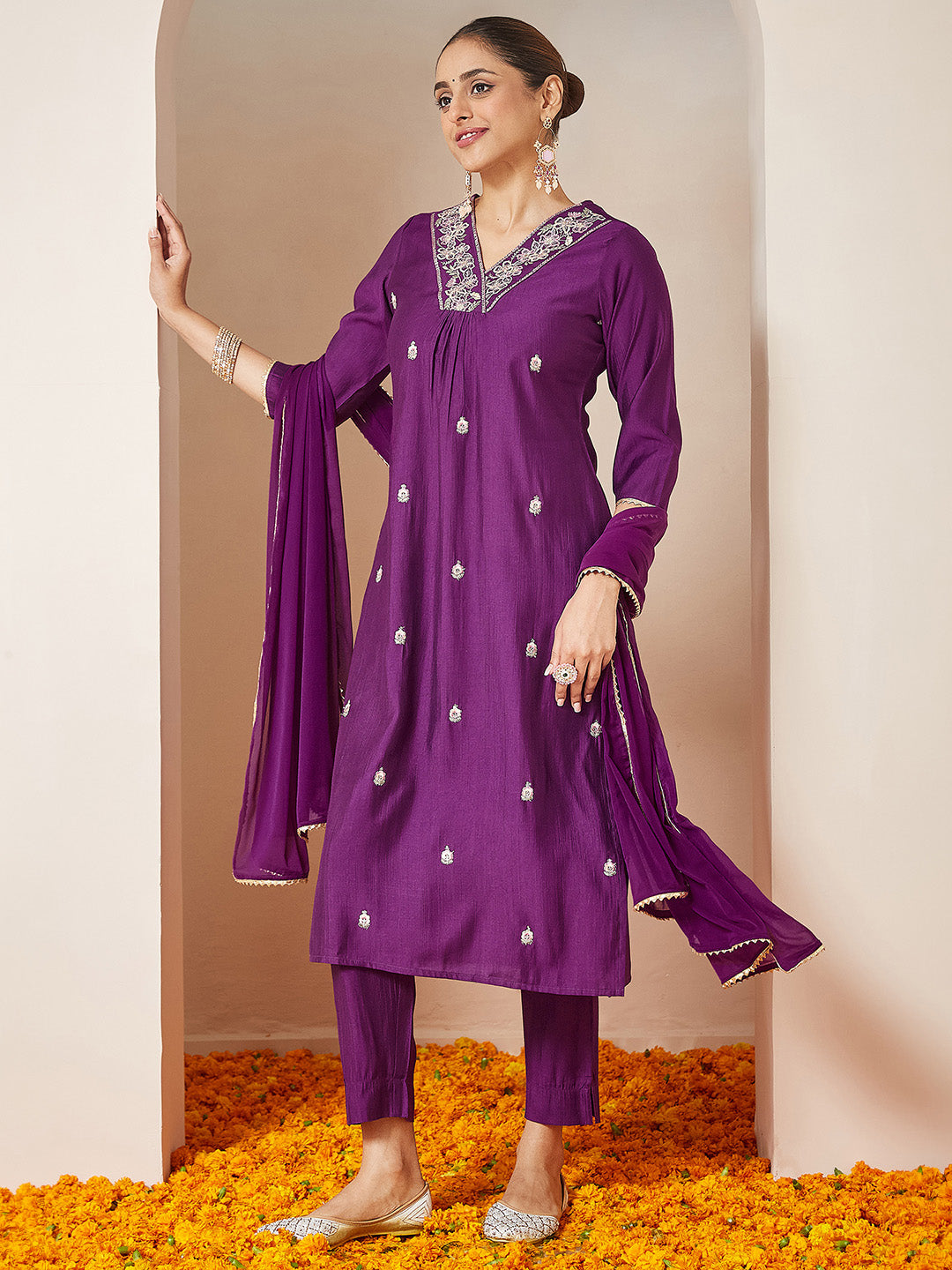 Prisha Purple Silk Blend Embroidered Kurta Set