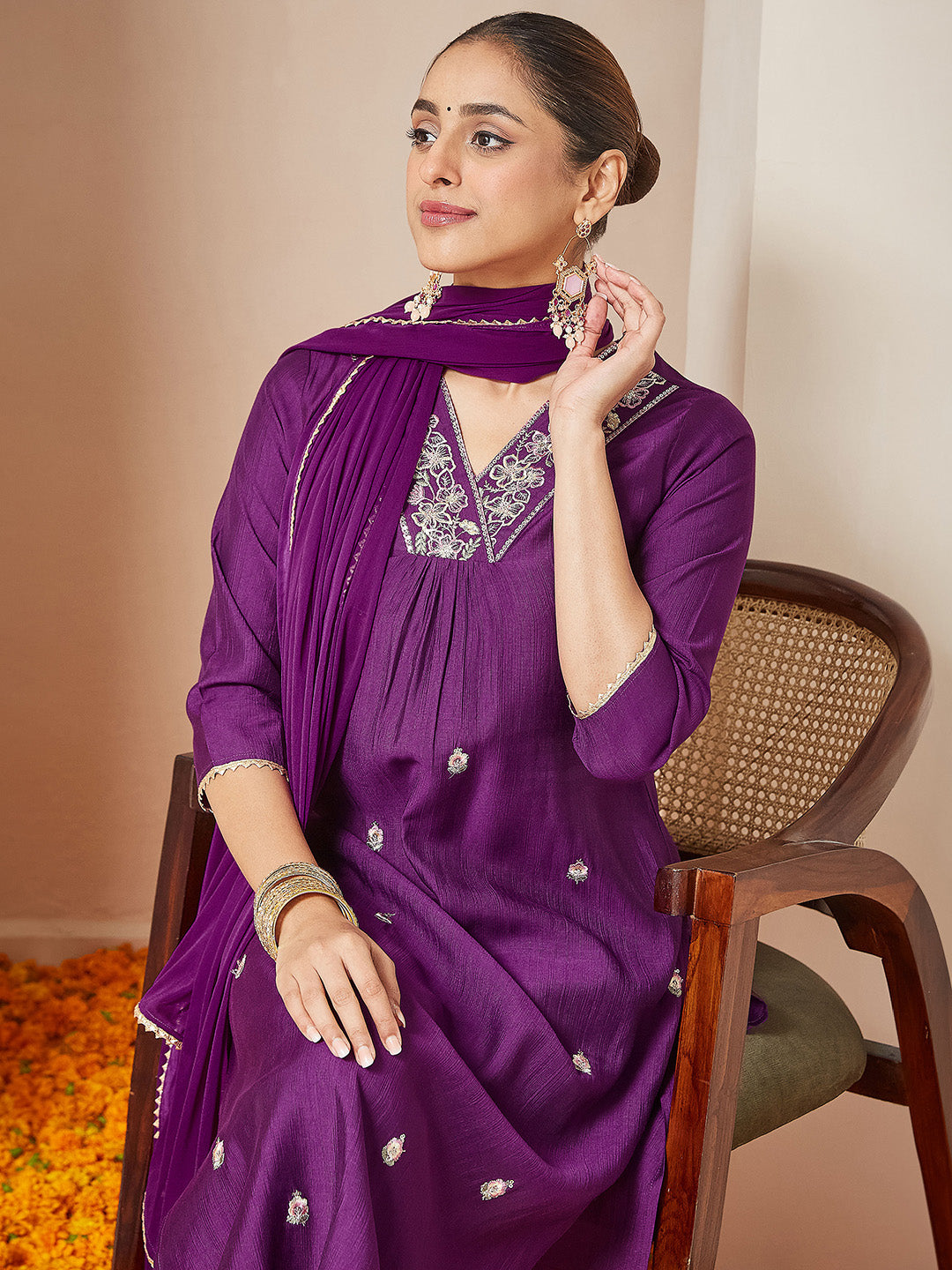 Prisha Purple Silk Blend Embroidered Kurta Set
