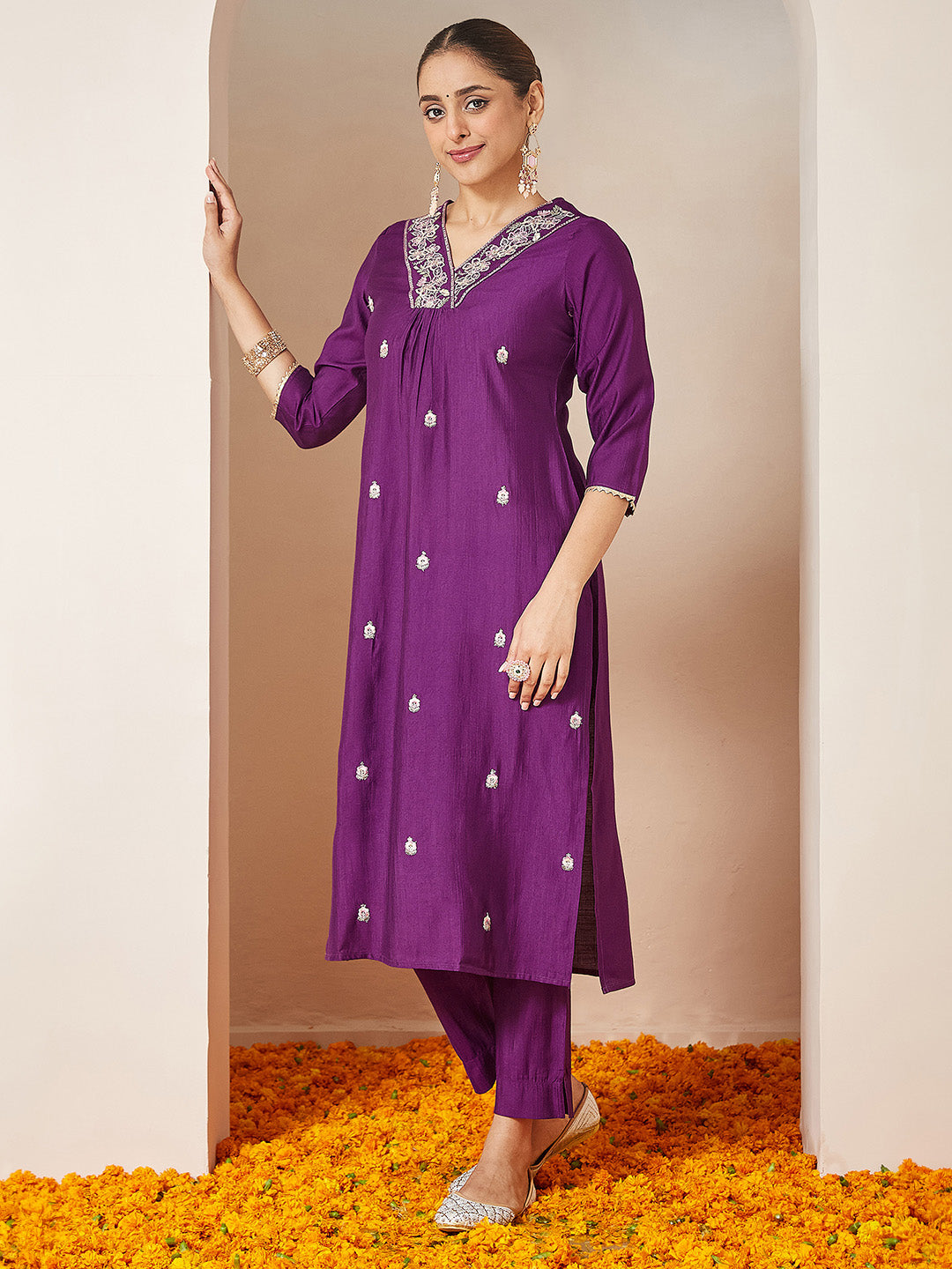 Prisha Purple Silk Blend Embroidered Kurta Set