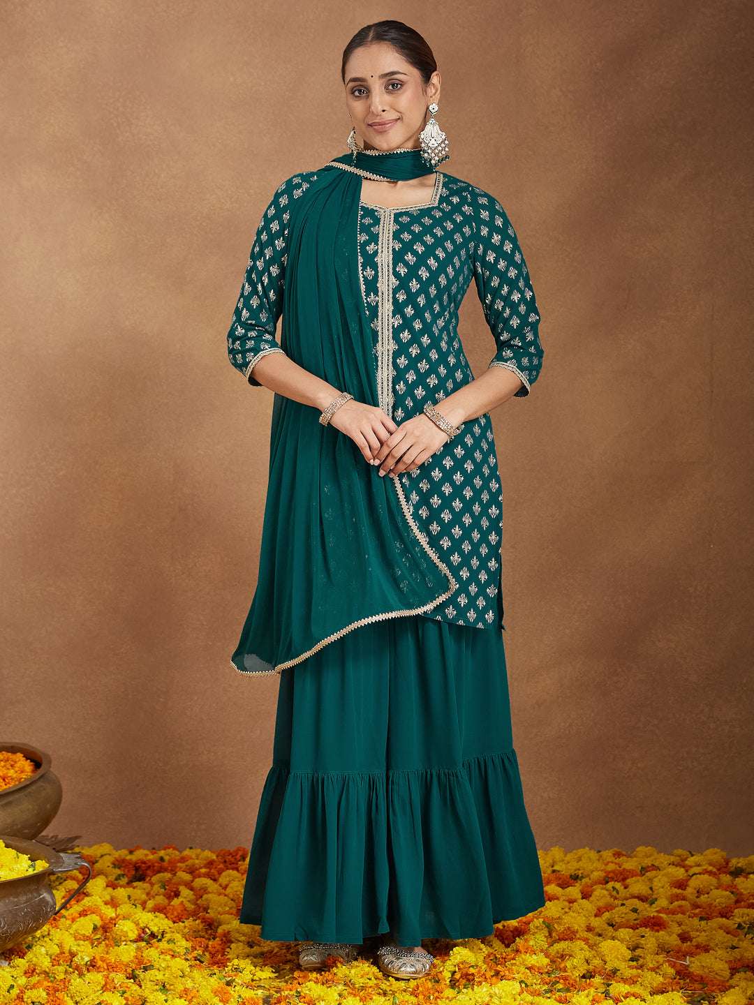 Taarini Dark Turquoise Georgette Sharara Set Sajnaa