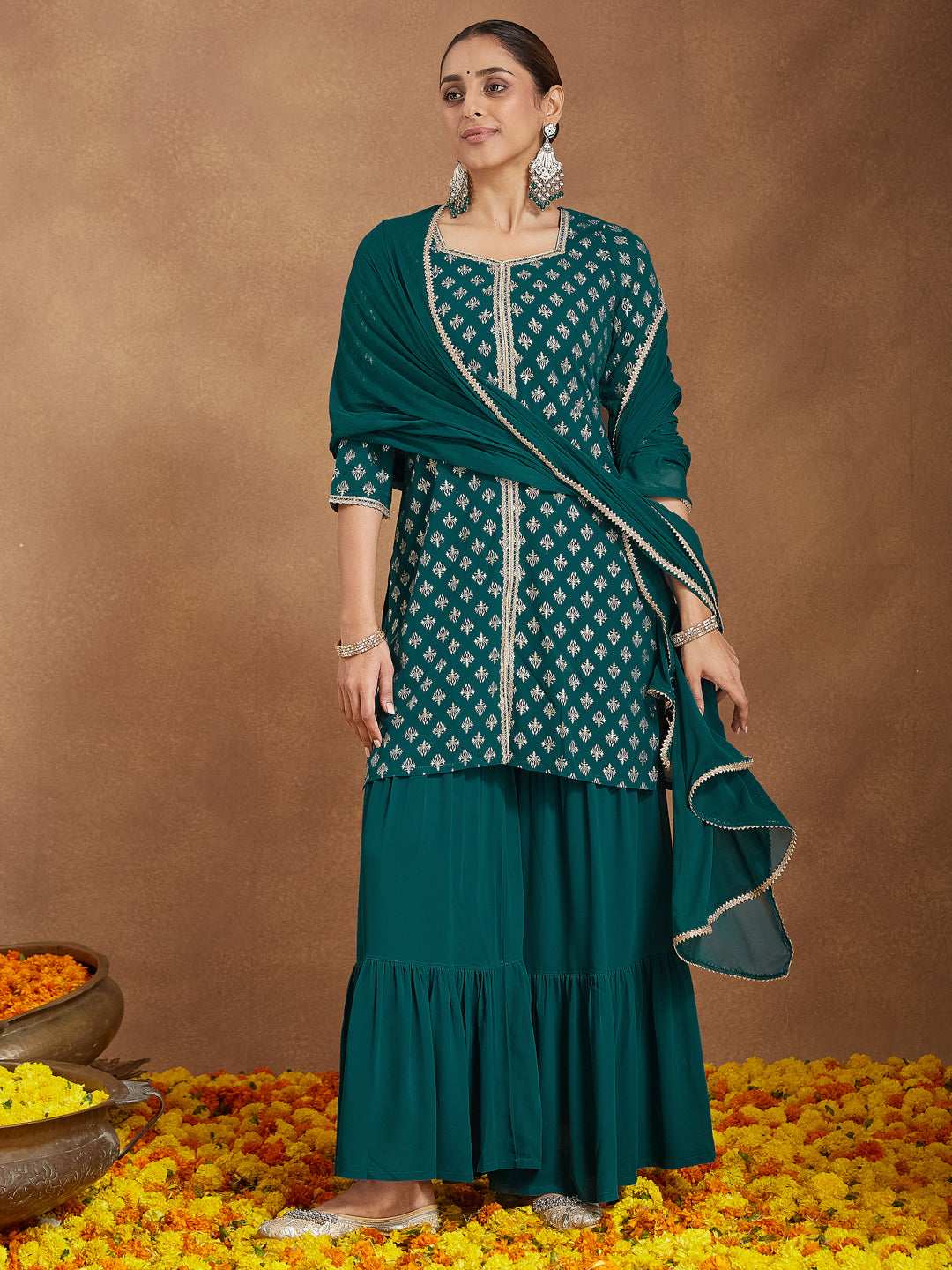 Taarini Dark Turquoise Georgette Sharara Set Sajnaa