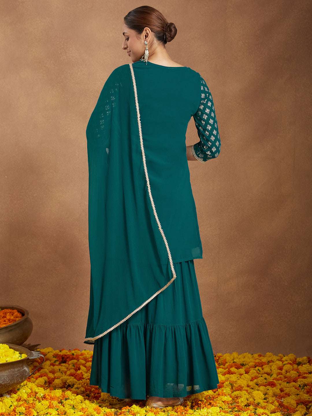 Taarini Dark Turquoise Georgette Sharara Set Sajnaa