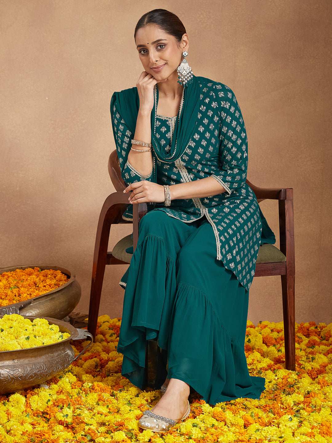 Taarini Dark Turquoise Georgette Sharara Set Sajnaa