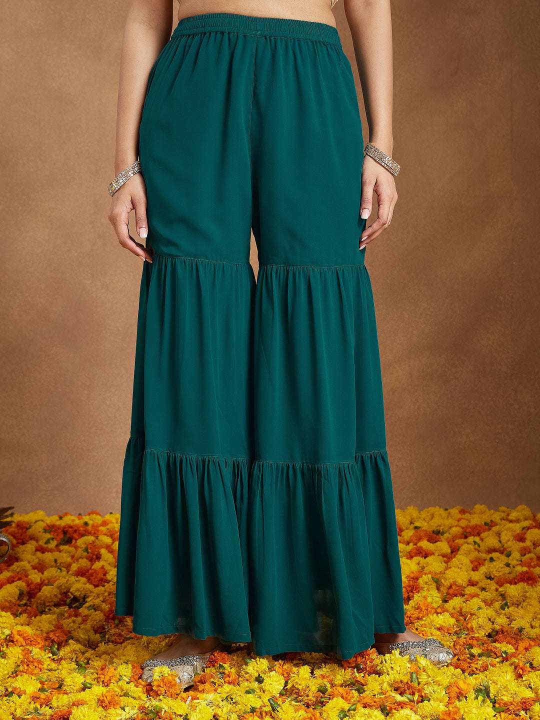 Taarini Dark Turquoise Georgette Sharara Set Sajnaa