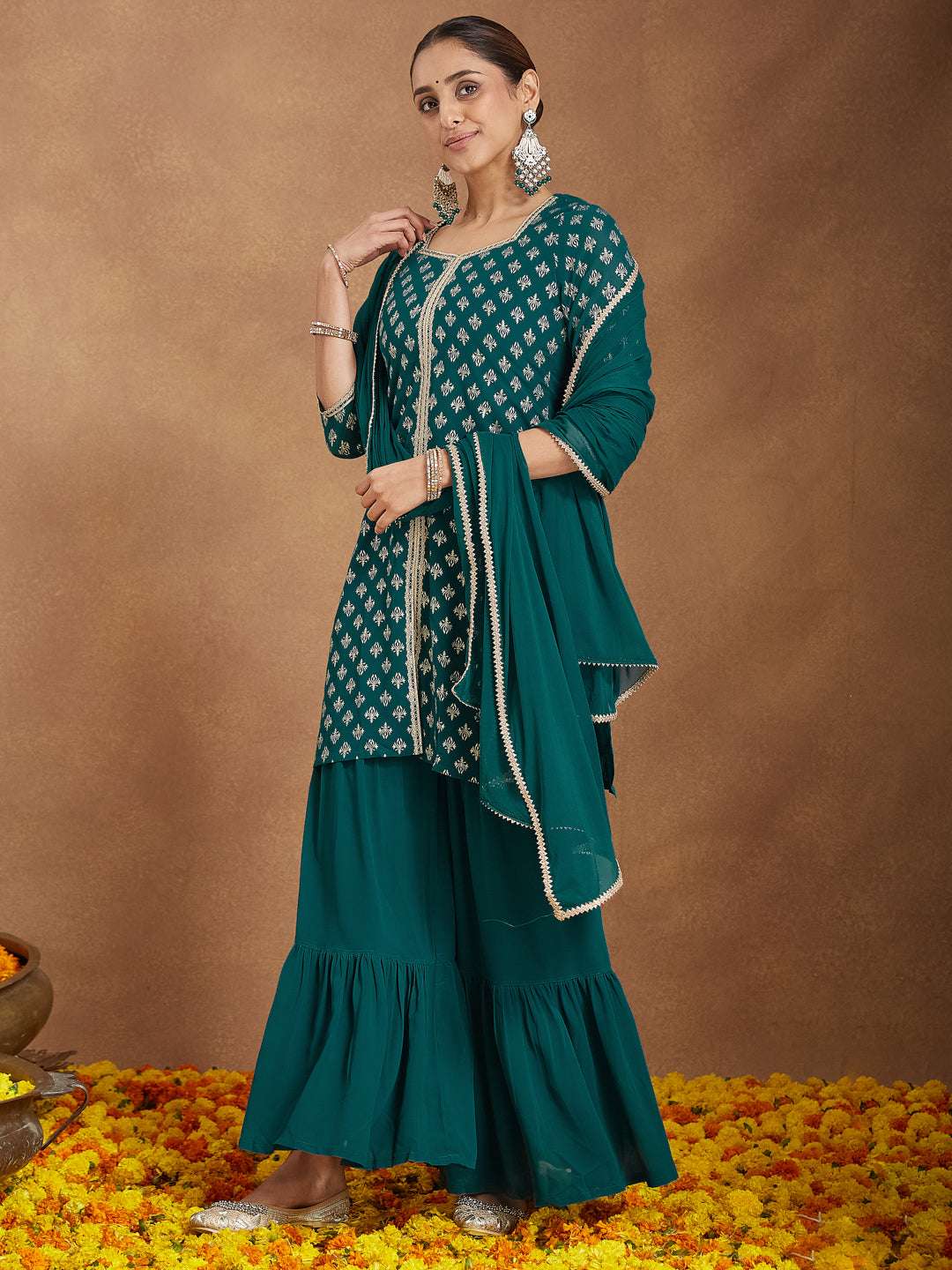 Taarini Dark Turquoise Georgette Sharara Set Sajnaa