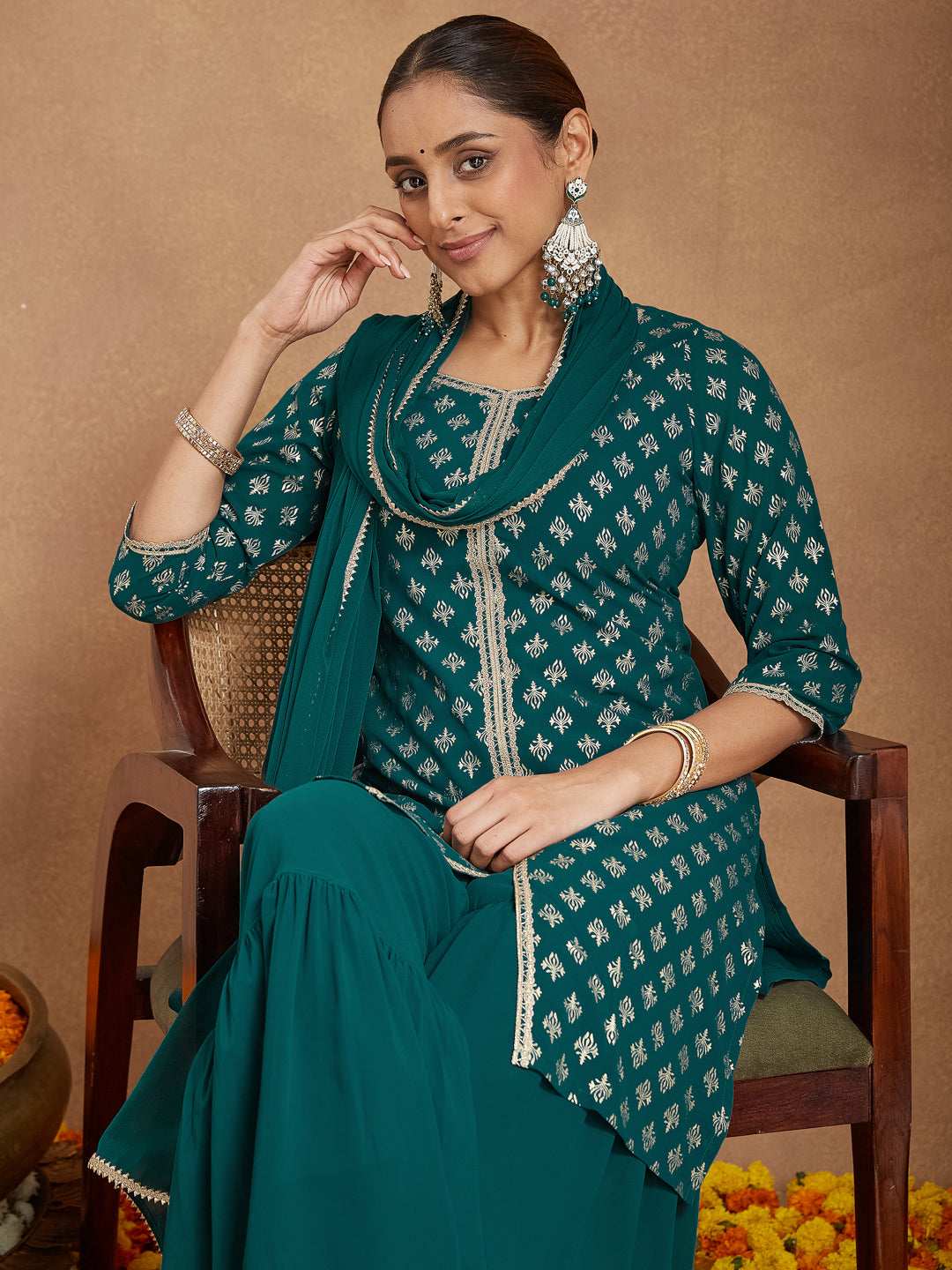 Taarini Dark Turquoise Georgette Sharara Set Sajnaa