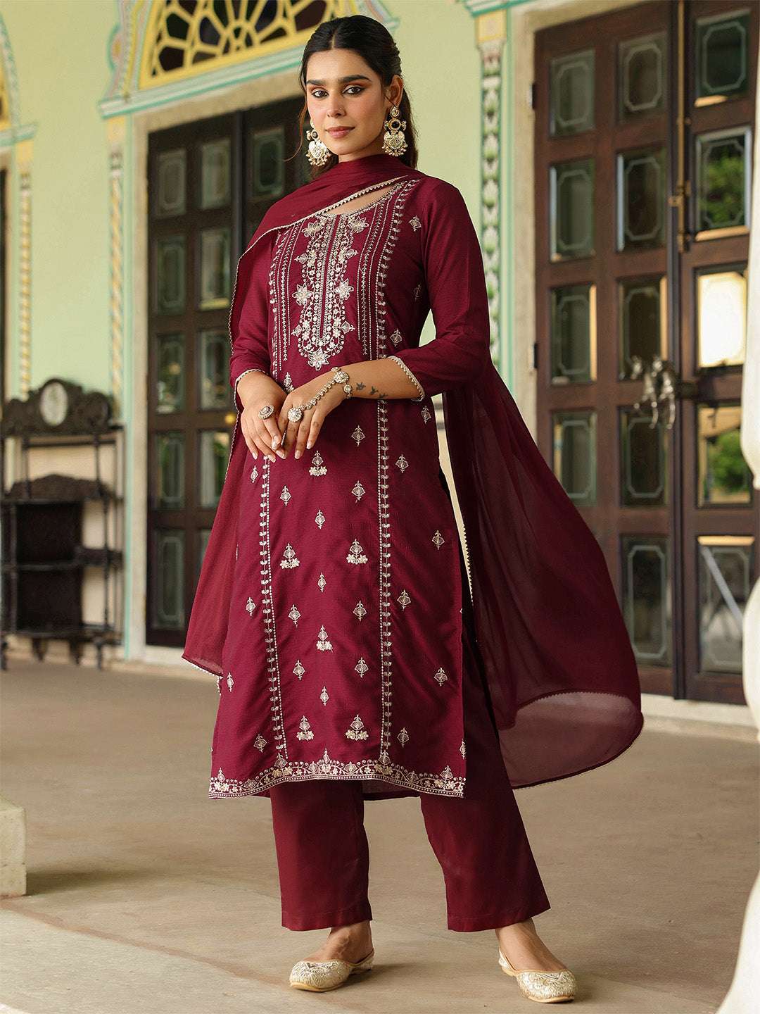 Anika Maroon Silk Blend Kurta Set My Store