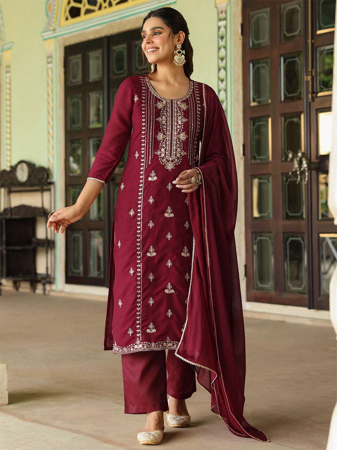 Anika Maroon Silk Blend Kurta Set My Store
