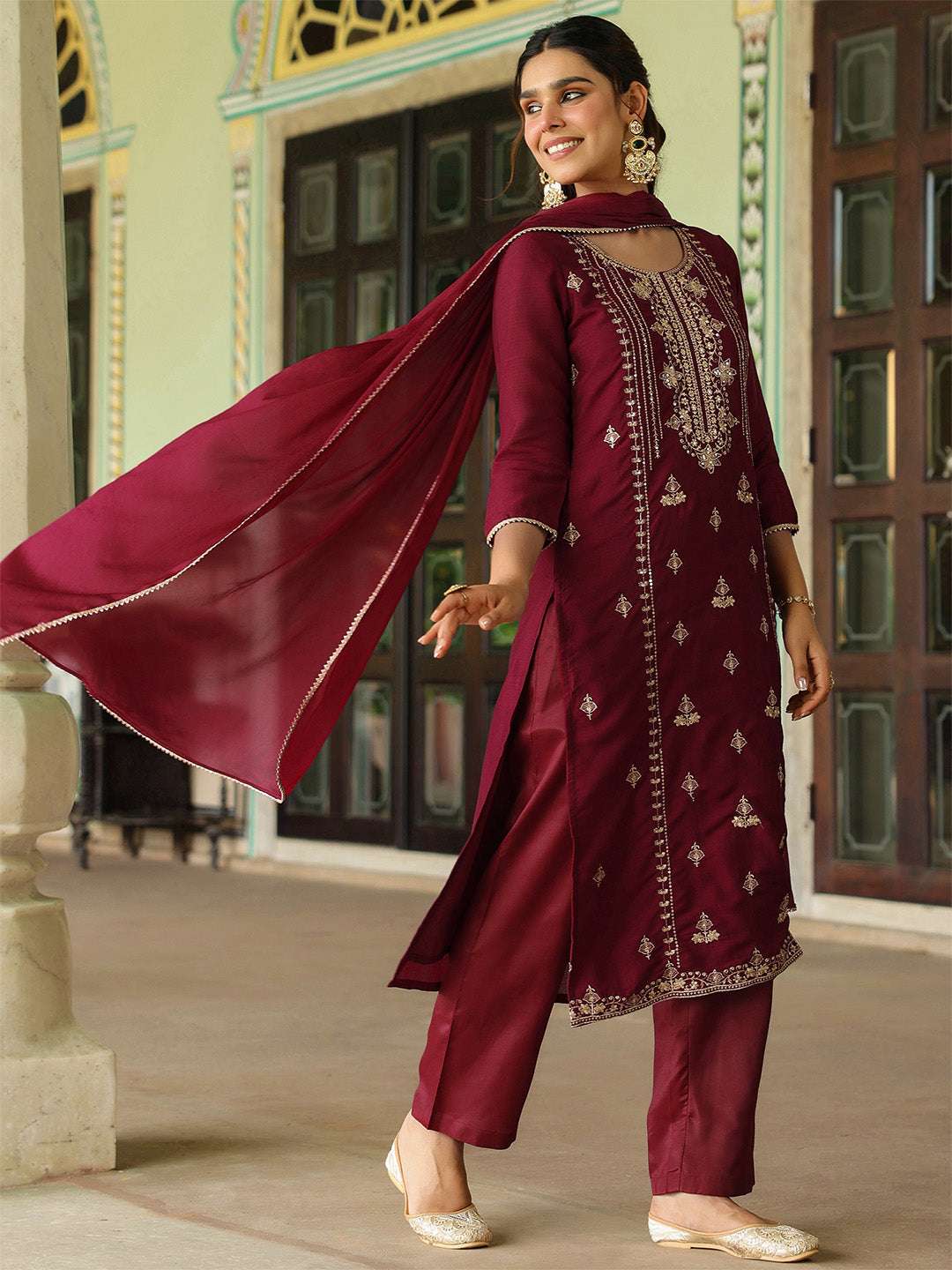 Anika Maroon Silk Blend Kurta Set My Store