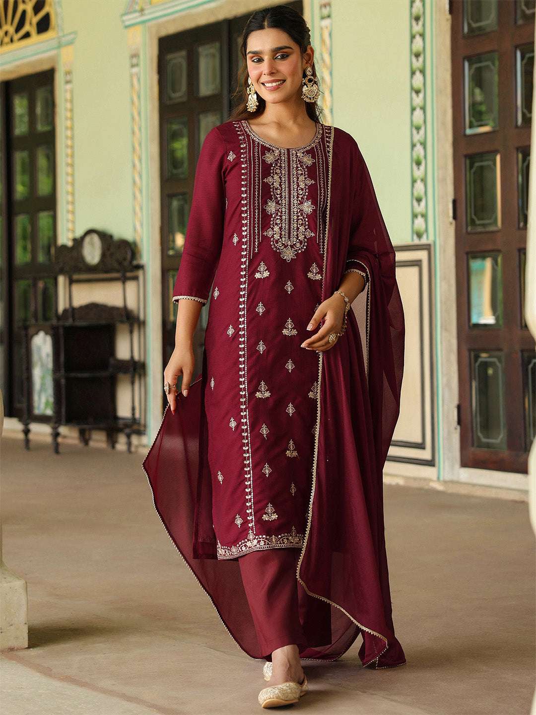 Anika Maroon Silk Blend Kurta Set My Store