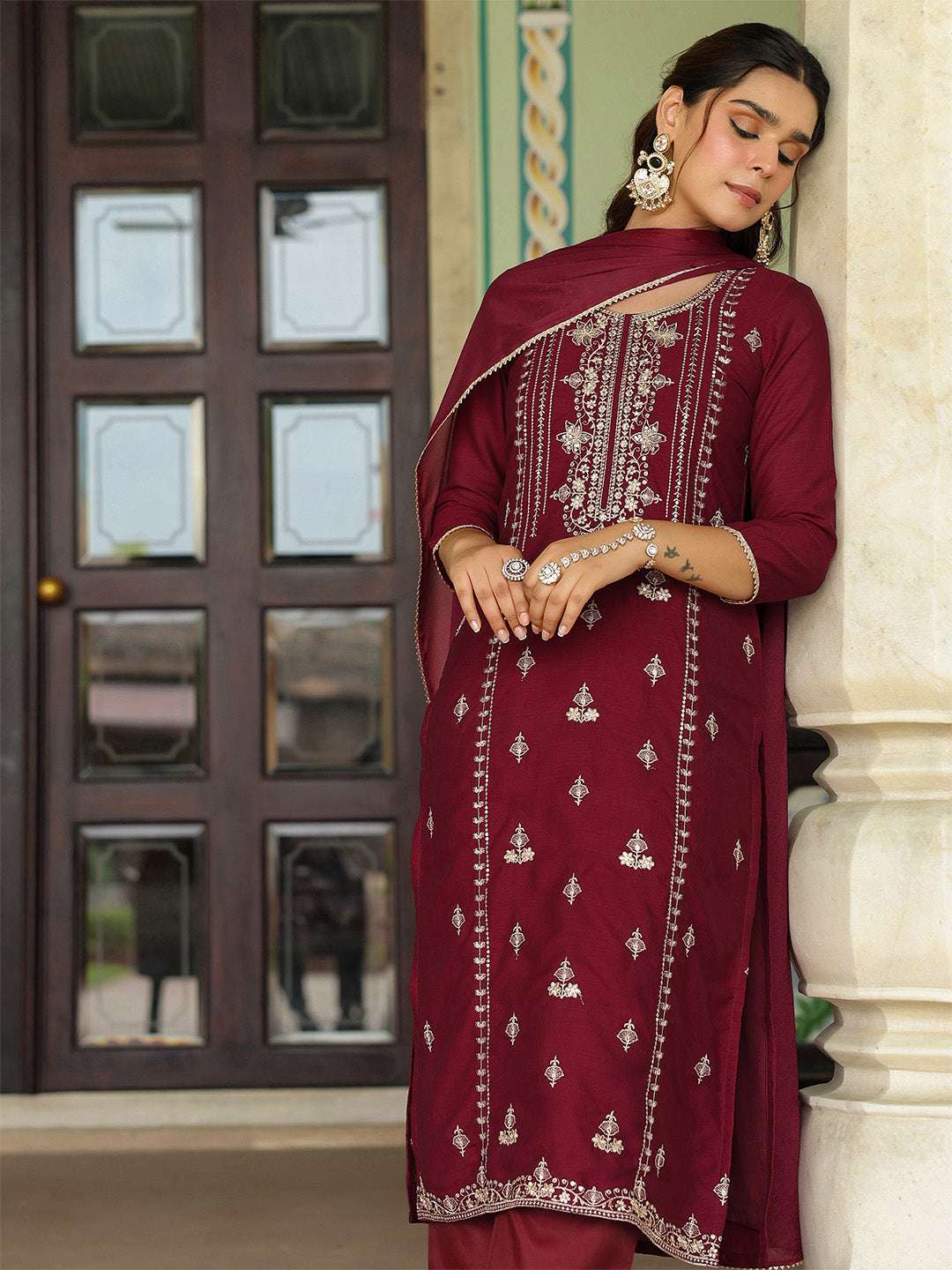 Anika Maroon Silk Blend Kurta Set My Store