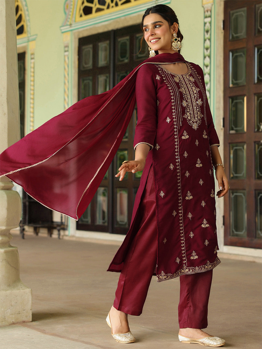 Anika Maroon Silk Blend Kurta Set