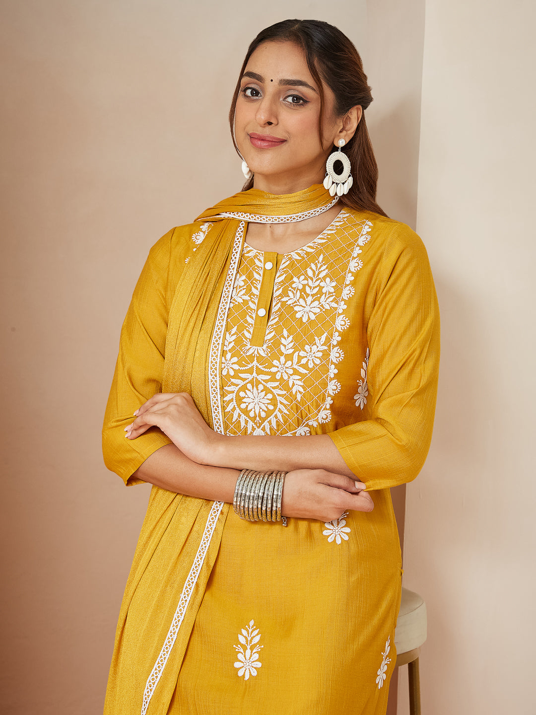 Iraani Mustard Silk Blend Embroidered Kurta Set
