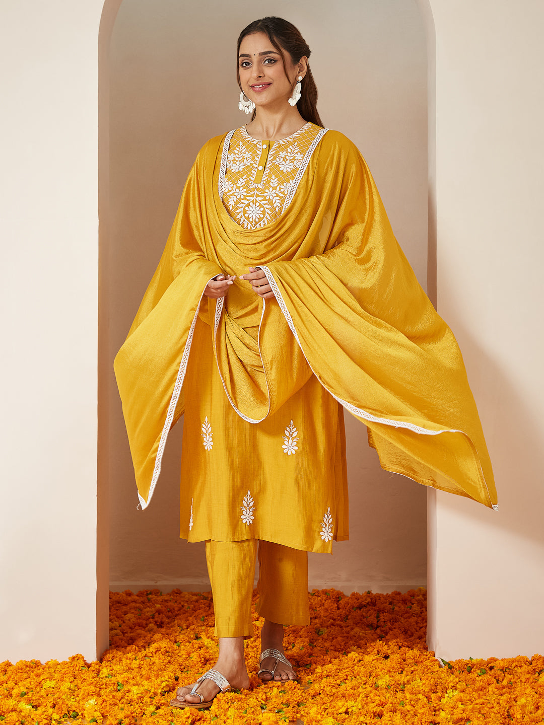 Iraani Mustard Silk Blend Embroidered Kurta Set