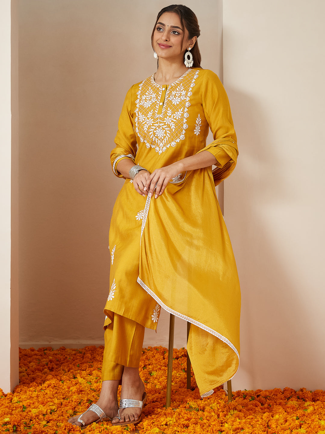 Iraani Mustard Silk Blend Embroidered Kurta Set