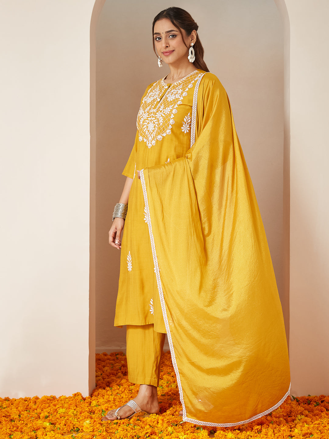 Iraani Mustard Silk Blend Embroidered Kurta Set