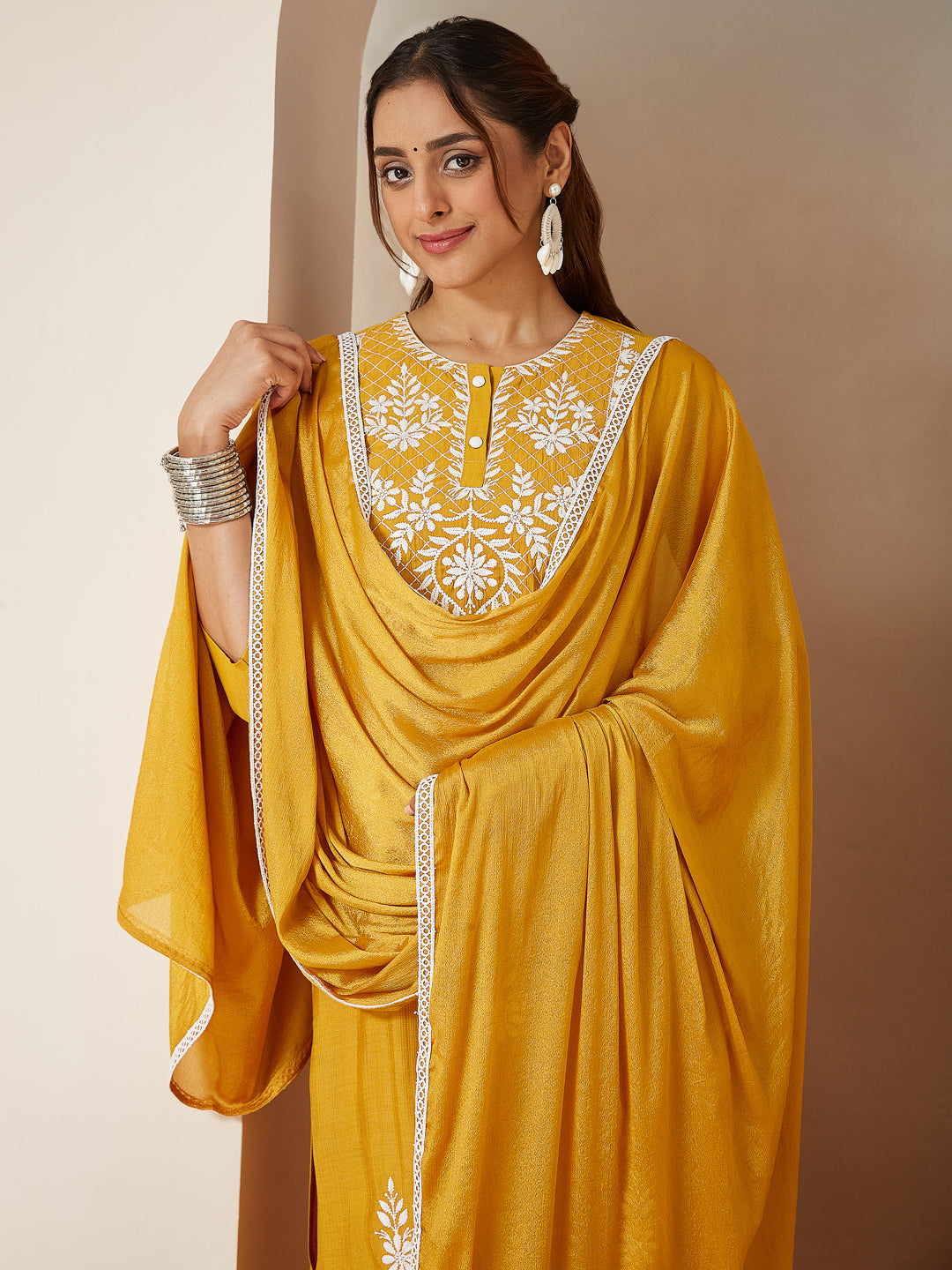 Iraani Mustard Silk Blend Embroidered Kurta Set