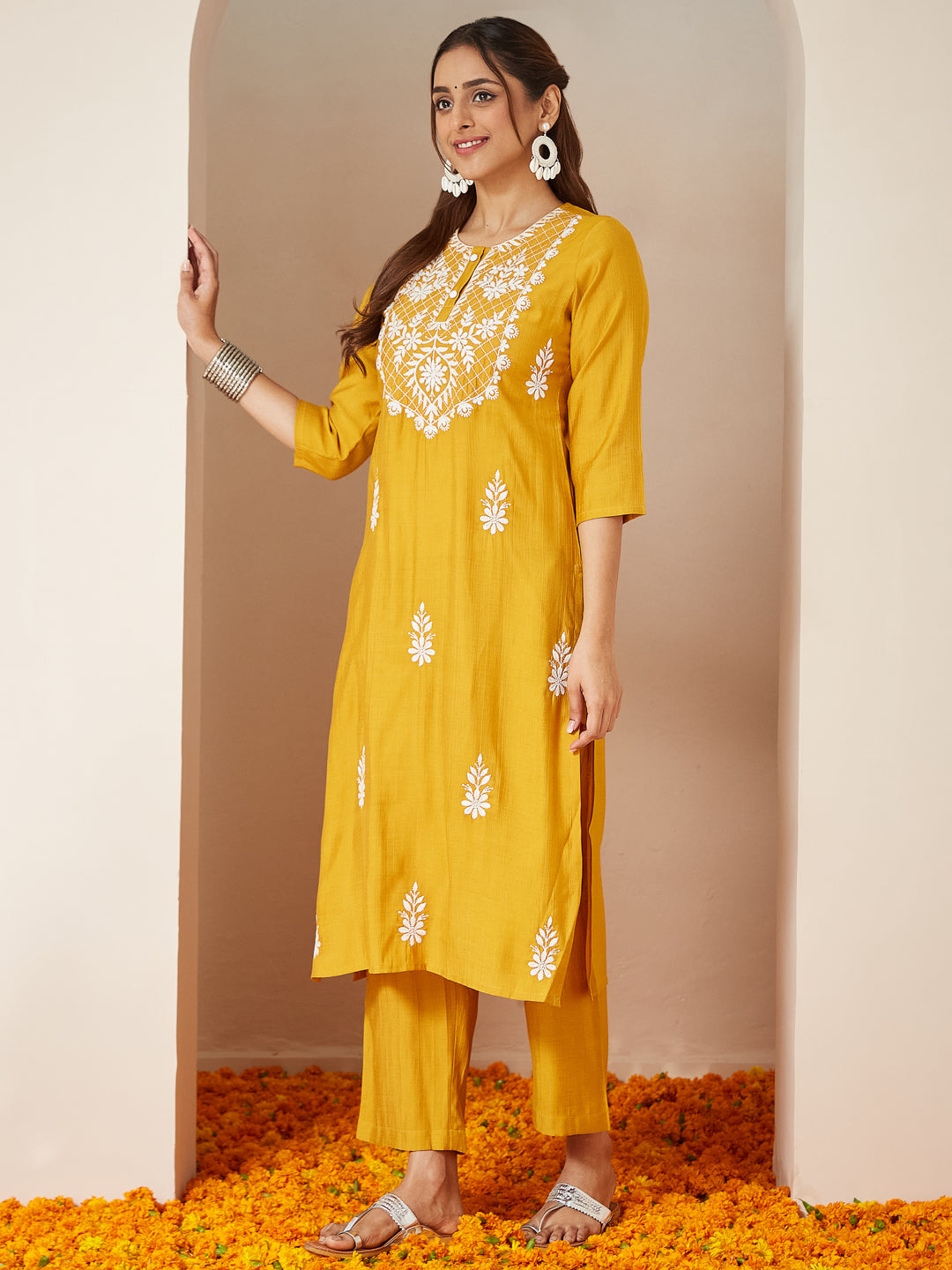 Iraani Mustard Silk Blend Embroidered Kurta Set
