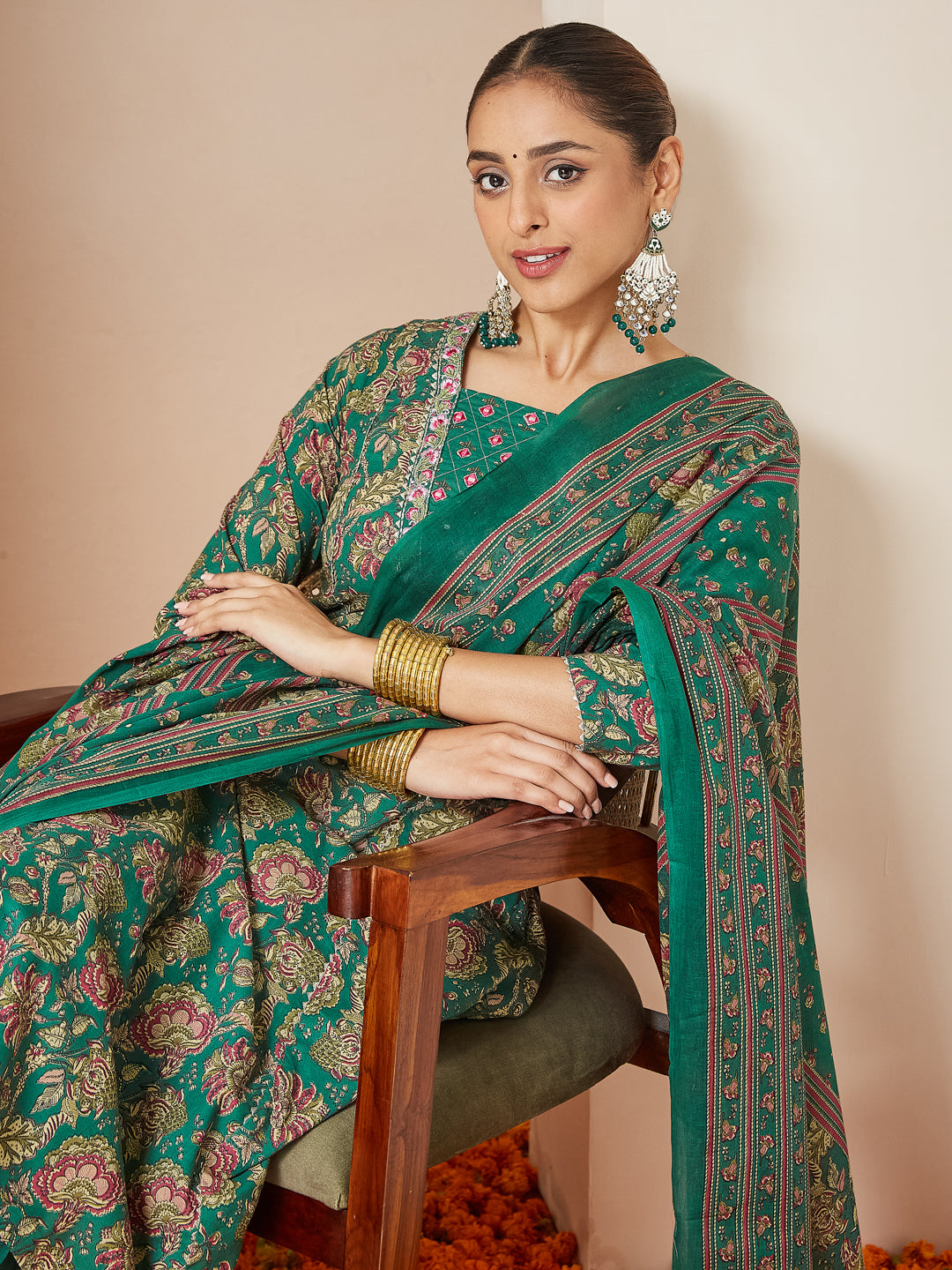 Green Cotton Floral Kurta Set