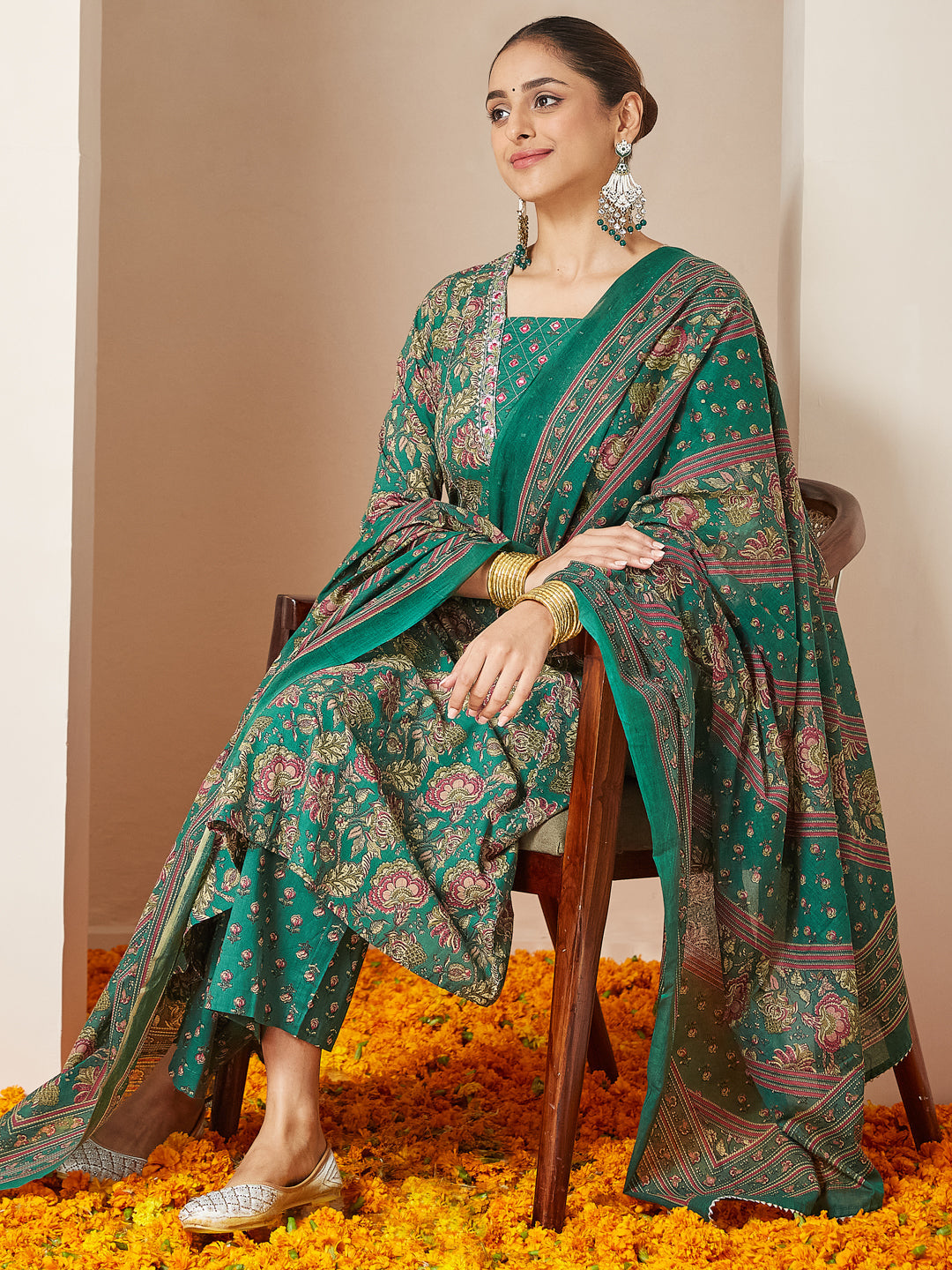 Green Cotton Floral Kurta Set