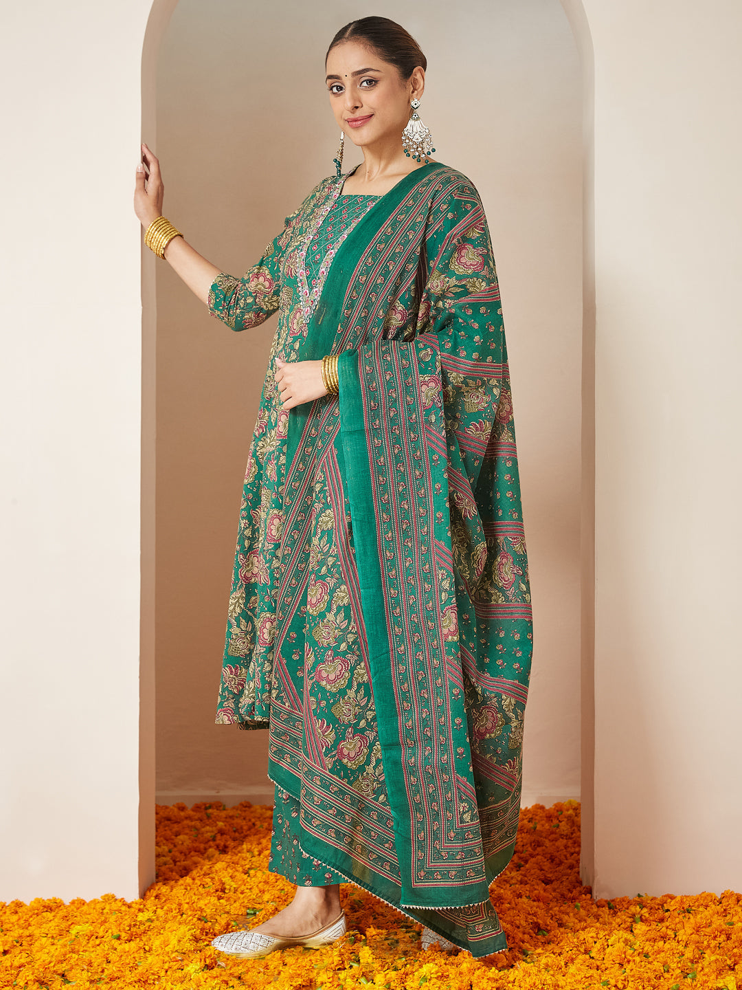 Green Cotton Floral Kurta Set