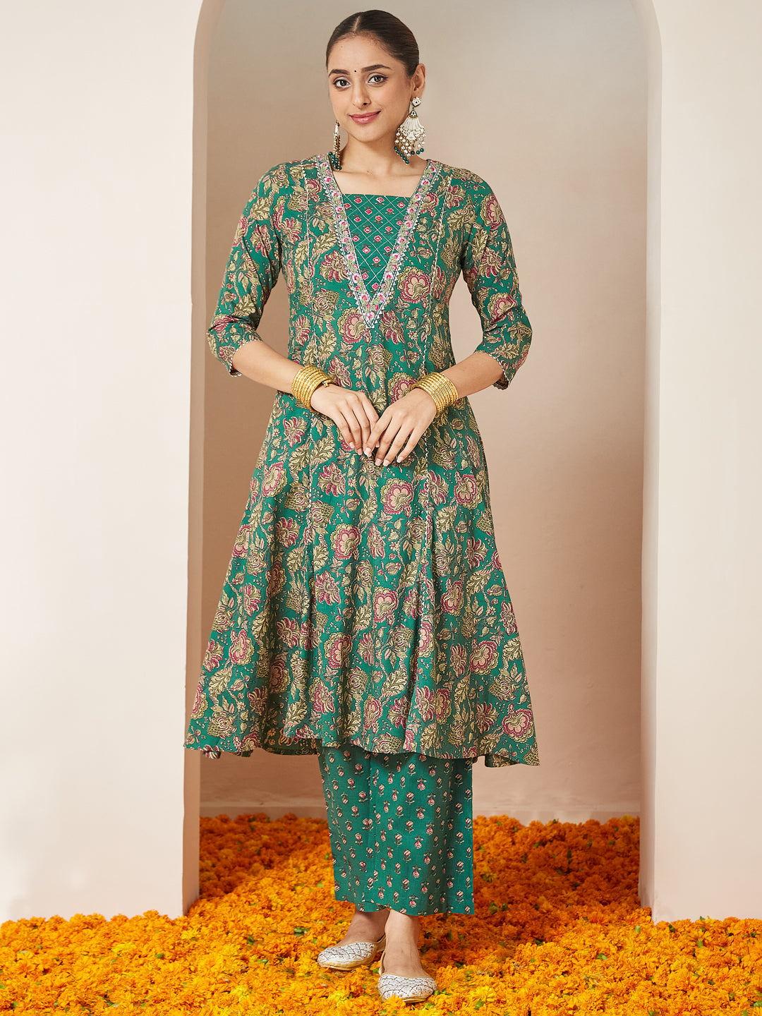 Green Cotton Floral Kurta Set