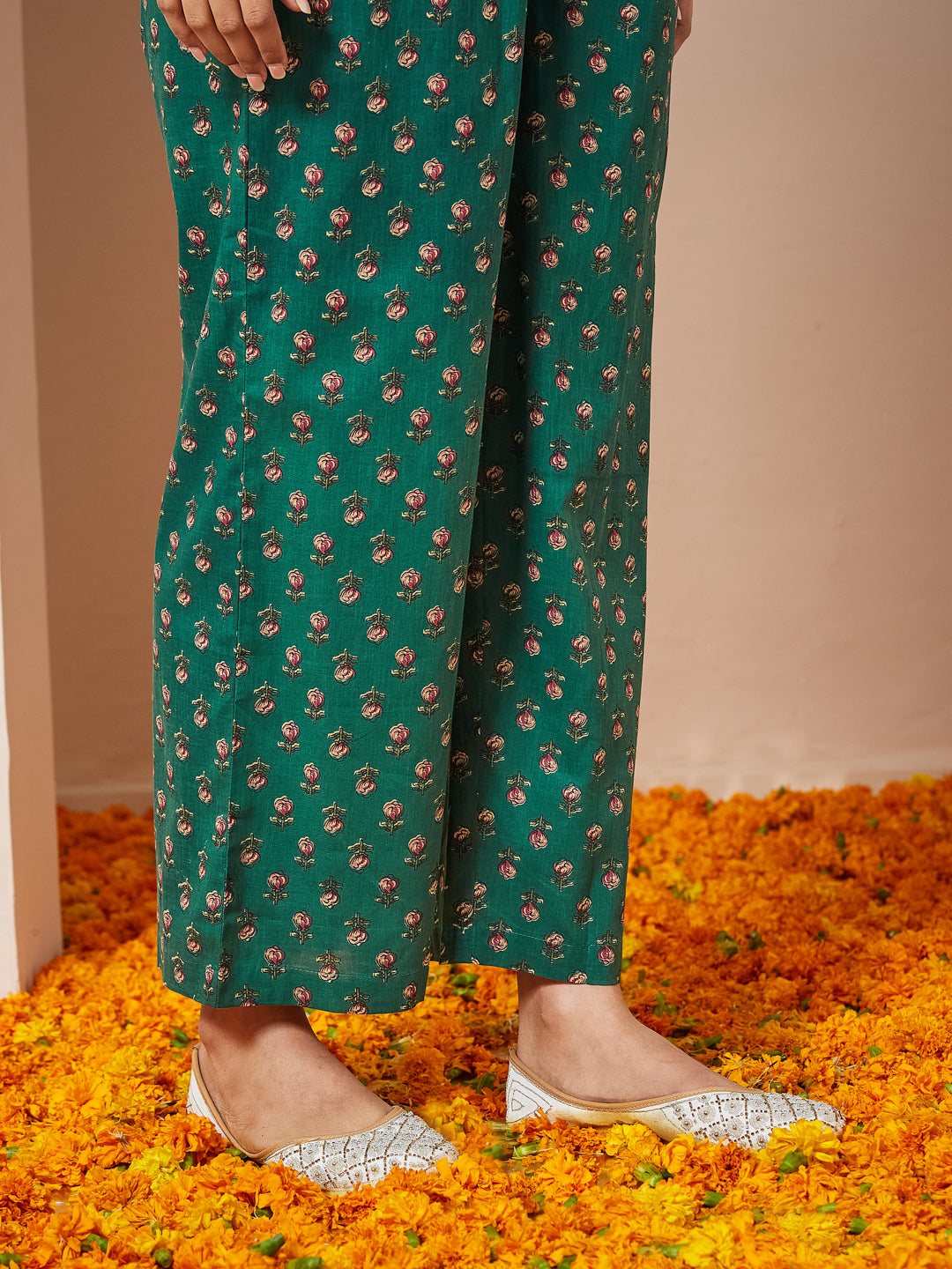 Green Cotton Floral Kurta Set
