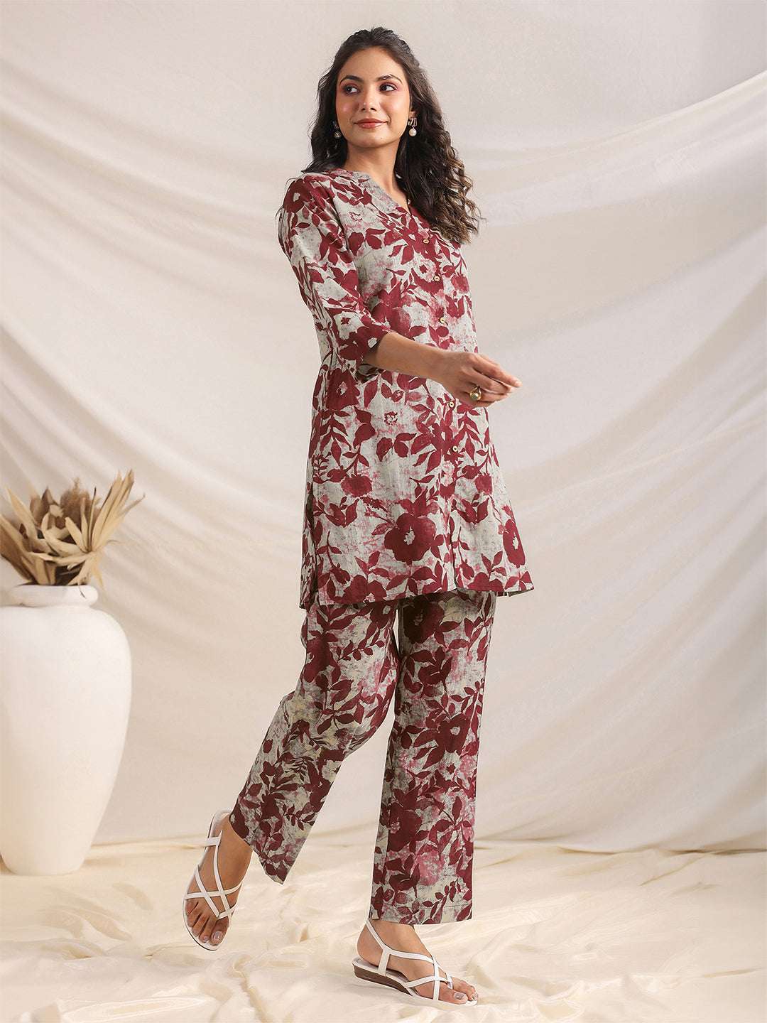 Maroon cotton floral co-ord set for women – casual wear