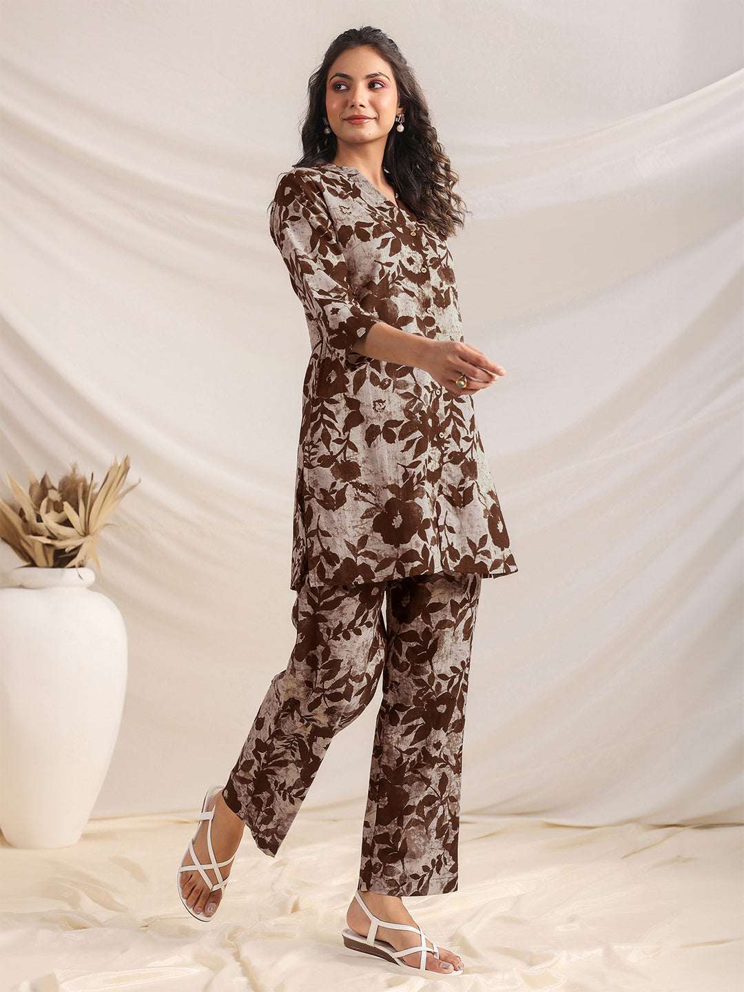 Brown printed co-ord set with straight pants – relaxed style