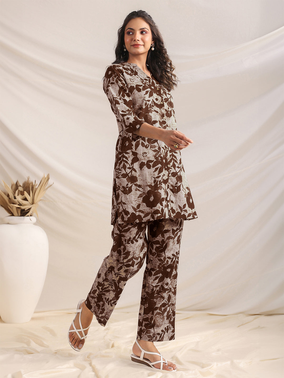 Brown printed co-ord set with straight pants – relaxed style