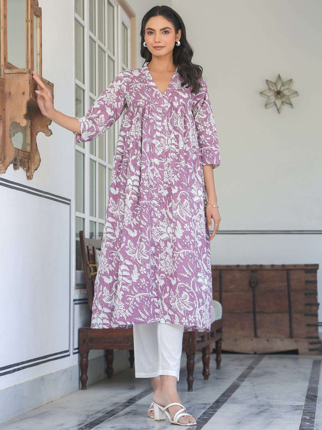 Charvi Purple Floral Printed Cotton Stylish Kurti for Women My Store