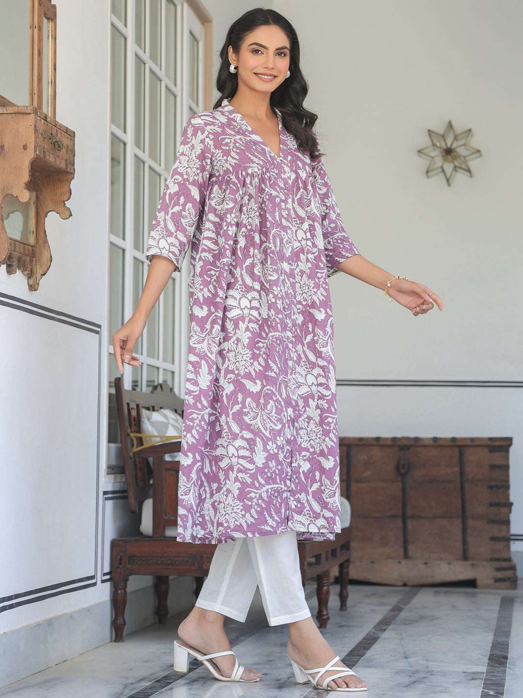 Charvi Purple Floral Printed Cotton Stylish Kurti for Women My Store