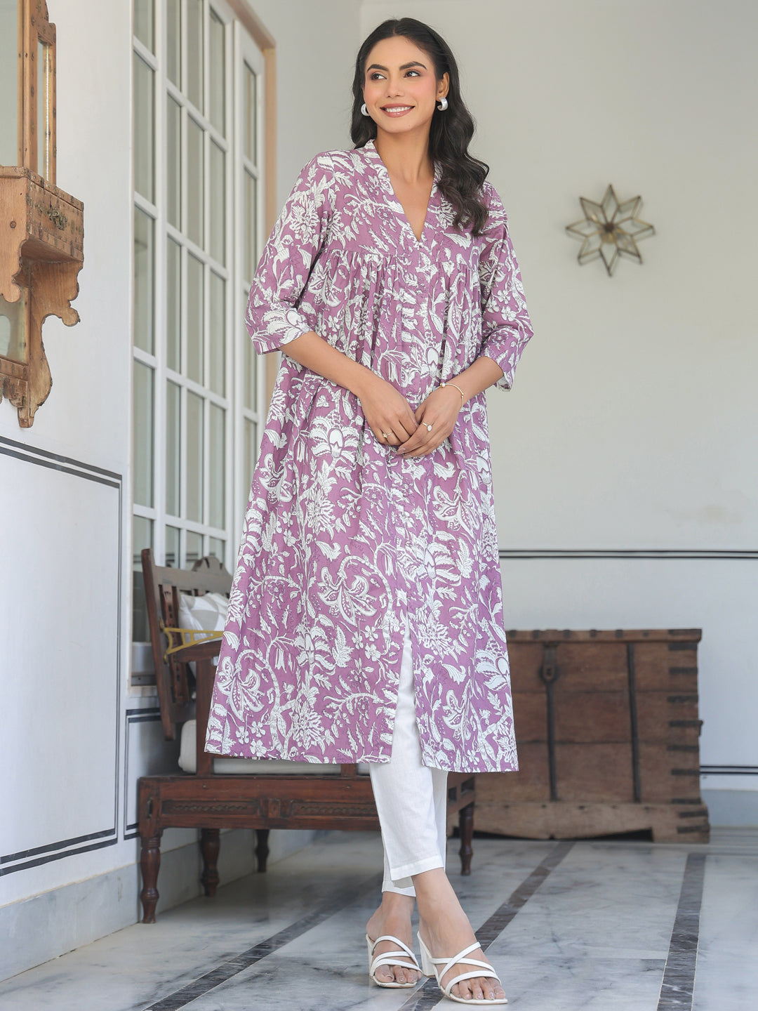 Charvi Purple Floral Printed Cotton Stylish Kurti for Women