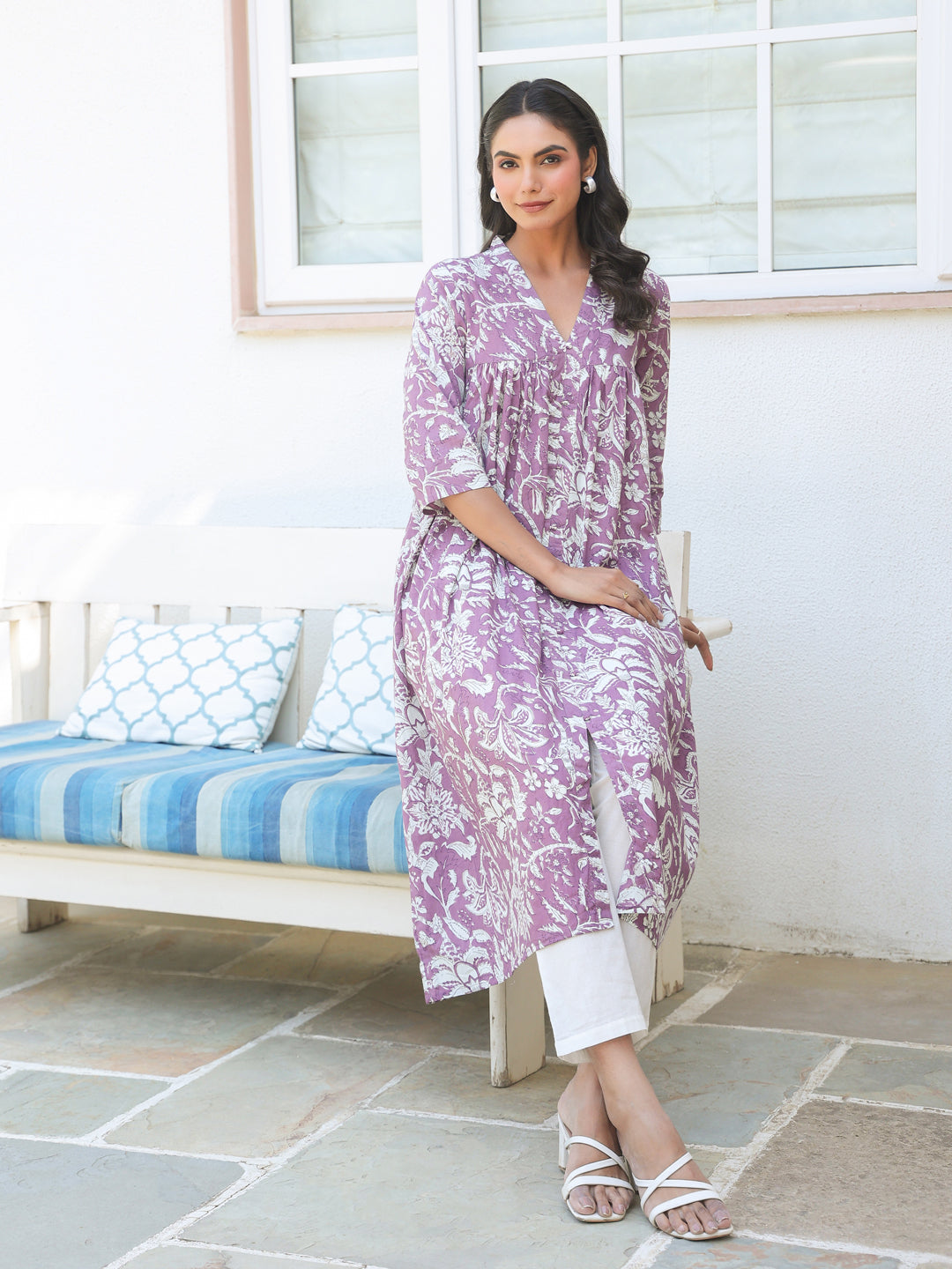 Charvi Purple Floral Printed Cotton Stylish Kurti for Women