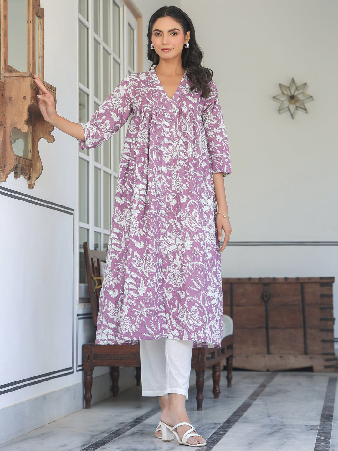 Charvi Purple Floral Printed Cotton Stylish Kurti for Women