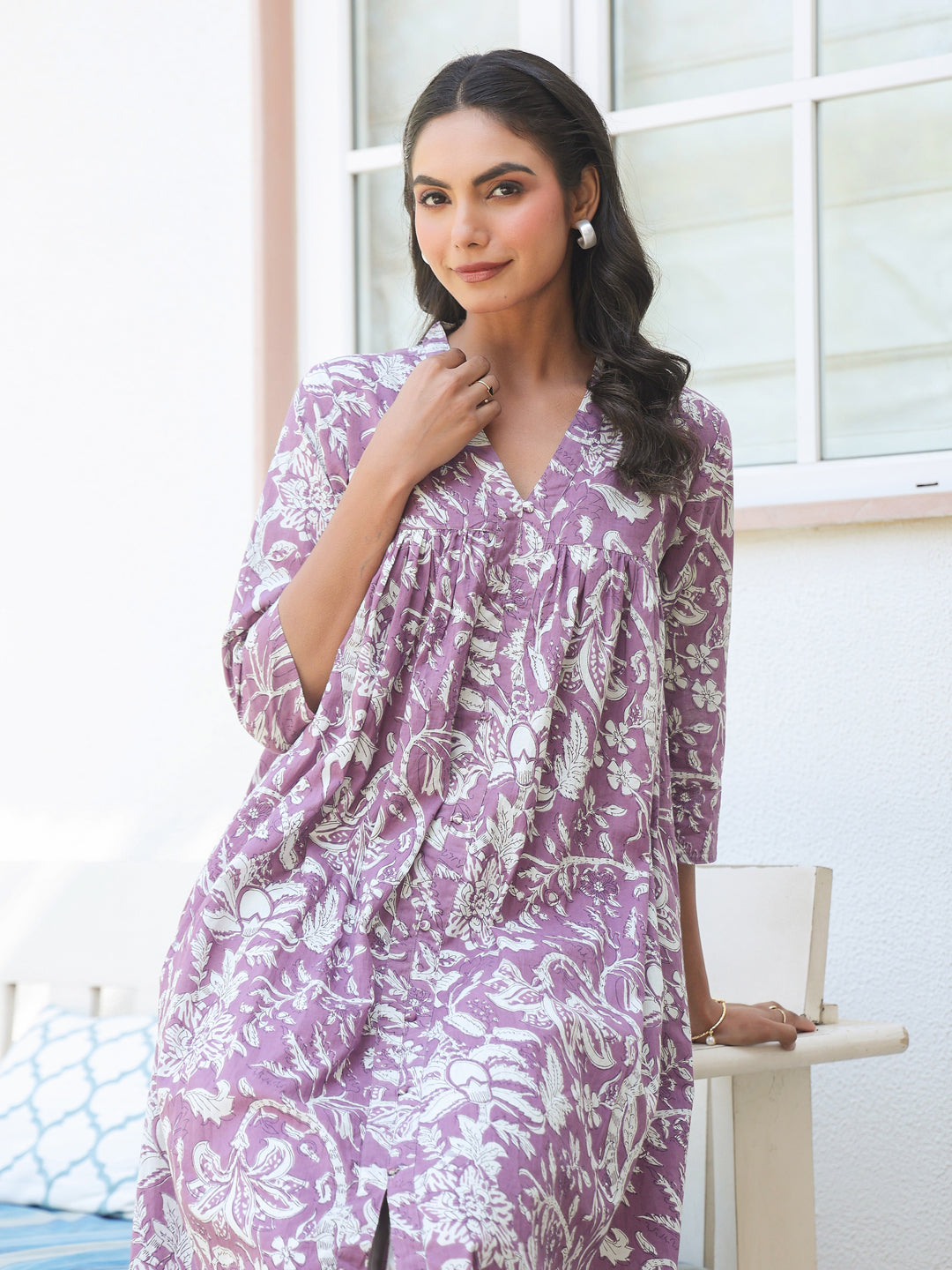 Charvi Purple Floral Printed Cotton Stylish Kurti for Women