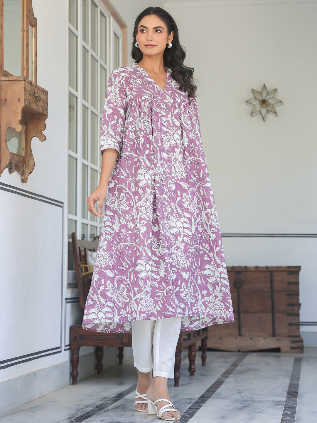 Charvi Purple Floral Printed Cotton Stylish Kurti for Women