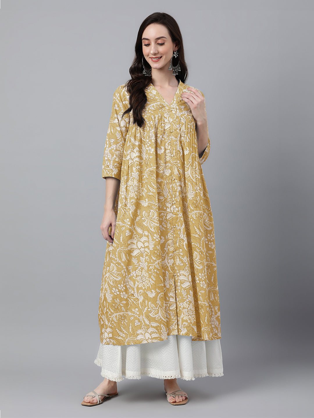 Kavisha Mustard Floral Cotton Stylish Kurti for Women