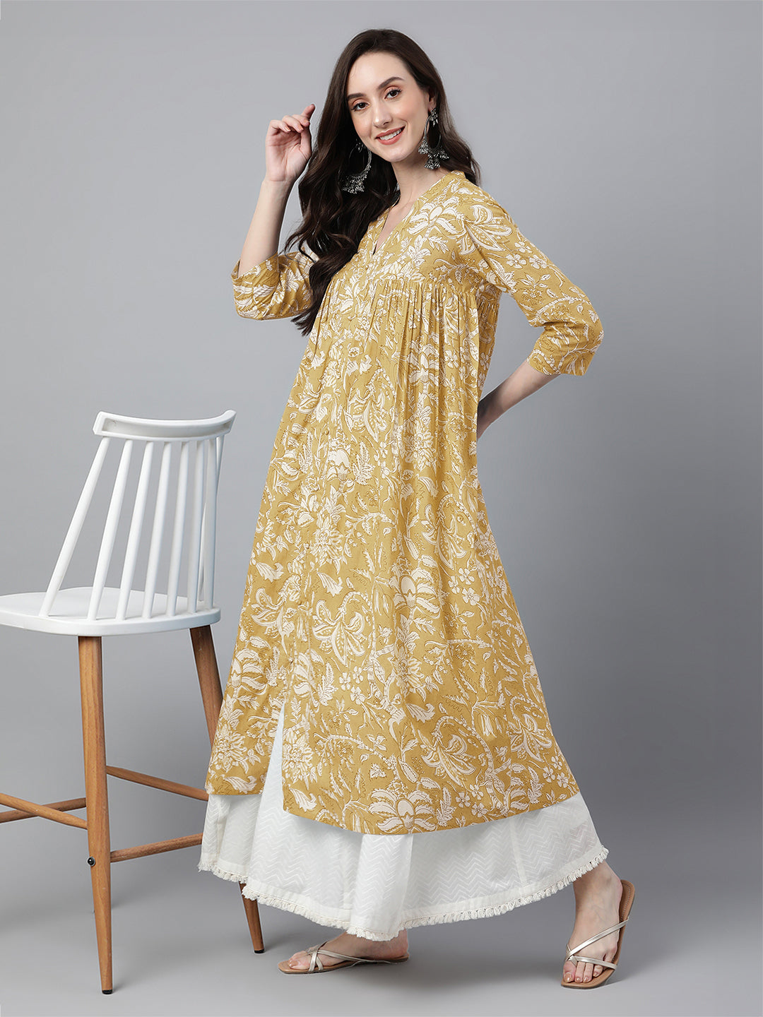 Kavisha Mustard Floral Cotton Stylish Kurti for Women