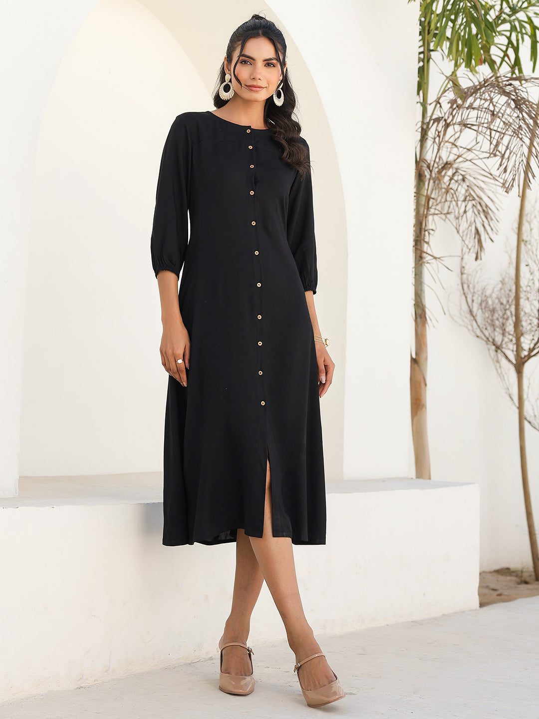 Black A-Line Midi Dress for Women