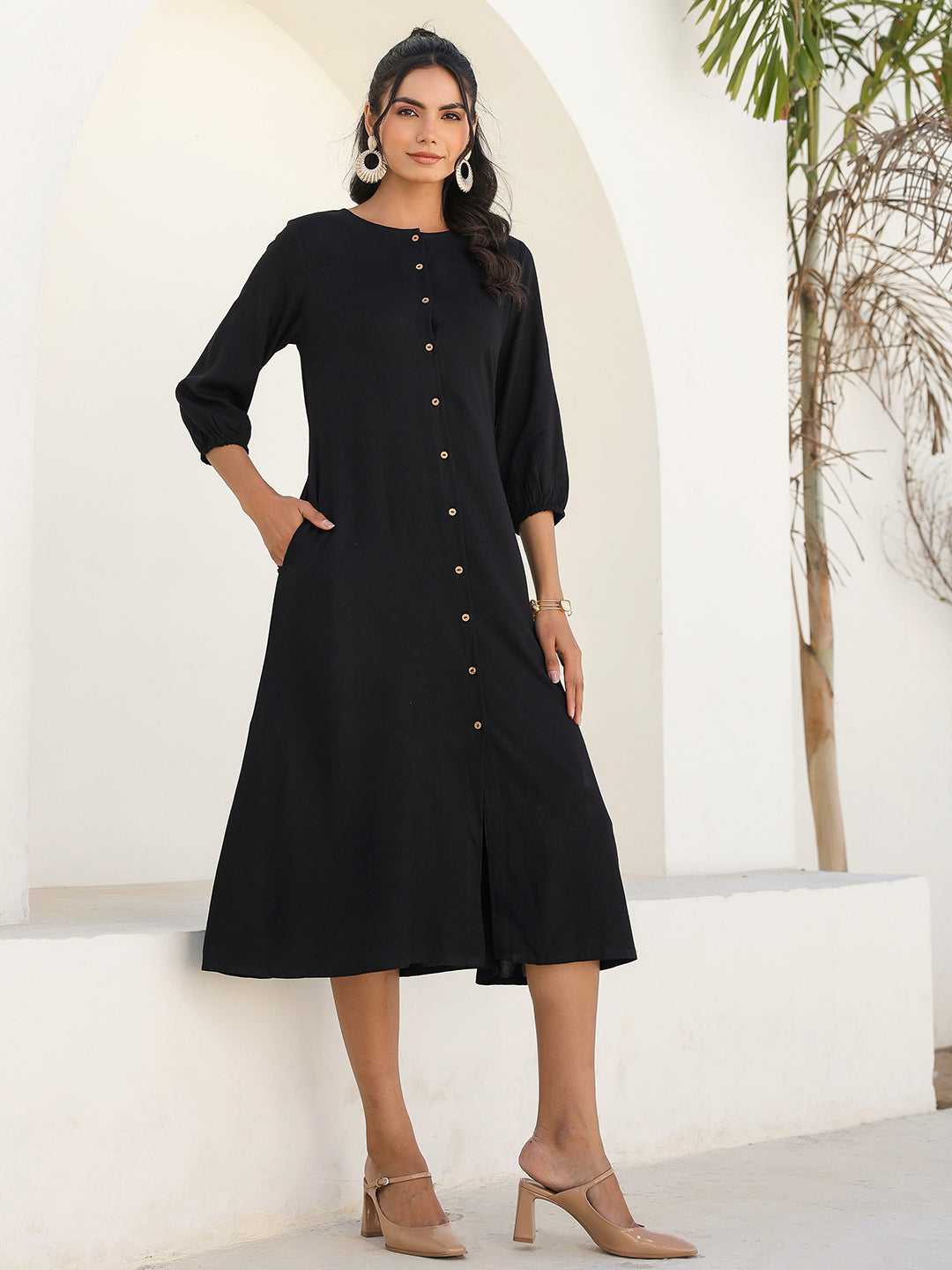 Black A-Line Midi Dress for Women