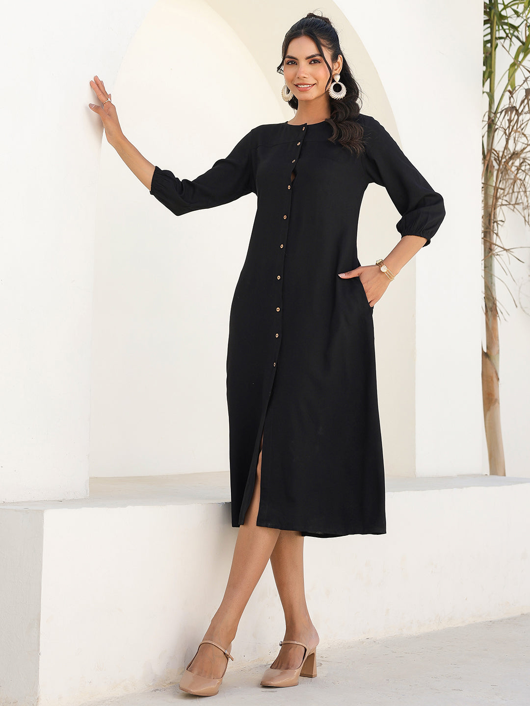 Black A-Line Midi Dress for Women