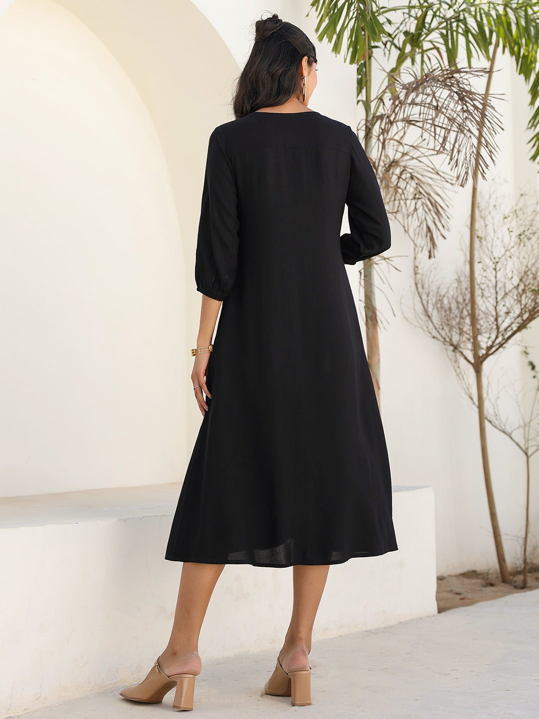 Black A-Line Midi Dress for Women