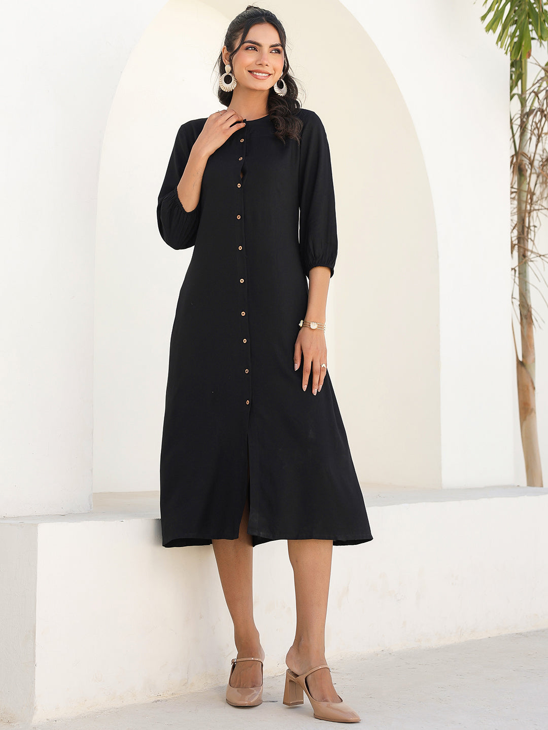 Black A-Line Midi Dress for Women