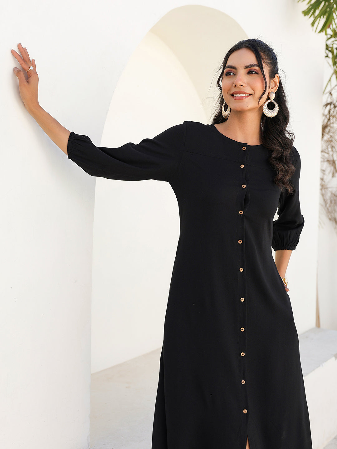 Black A-Line Midi Dress for Women